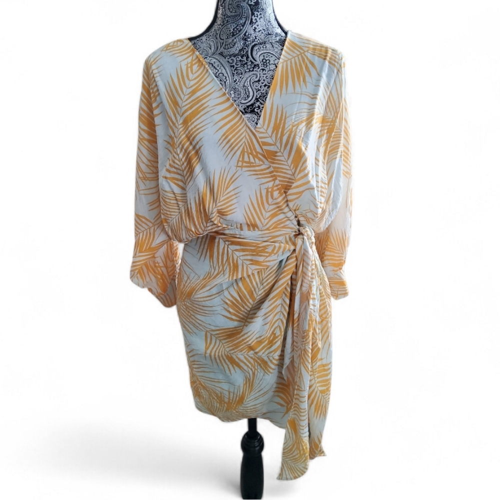 Women's Yellow Palm-Print Wrap Tunic Dress - Picture 2 of 6